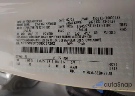 2025 Ford F-250 Xl из США, поврежденный, VIN 1FT7W2BT3SEC37202